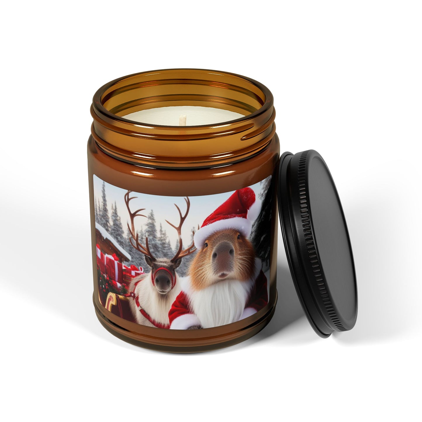 capybara Santa Father Christmas reindeer sleigh happy holidays snow red fur beard  Lapland animal soy candle amber jar funny cute sweet humor animal lover evening night light lit atmosphere bath romantic lovers man and woman home house decor fall autumn date night gift present Christmas Halloween holiday picks festive season fragrance scented unscented couple holiday evening