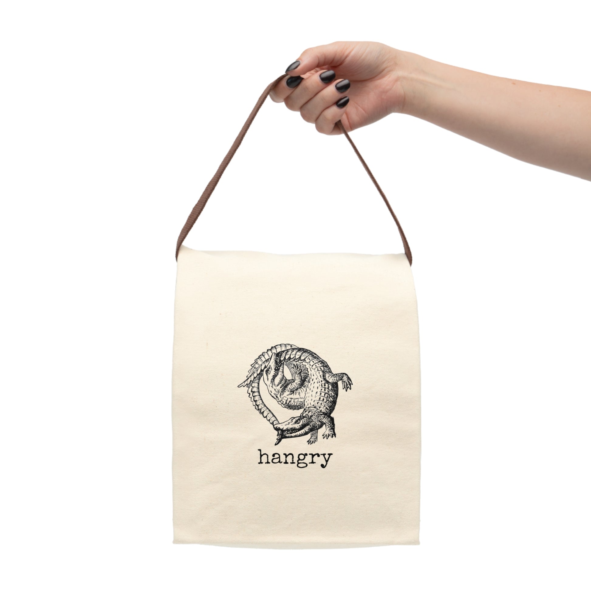 hangry angry hungry crocodile alligator gator fight  Victorian illustration quote word play funny humor joke gift present lunch bag canvas cotton reusable eco-friendly meal eat food dinner breakfast hungry kitchen cook work school cafeteria midday co-worker carry out take-away on-the-go sandwich drink sub 