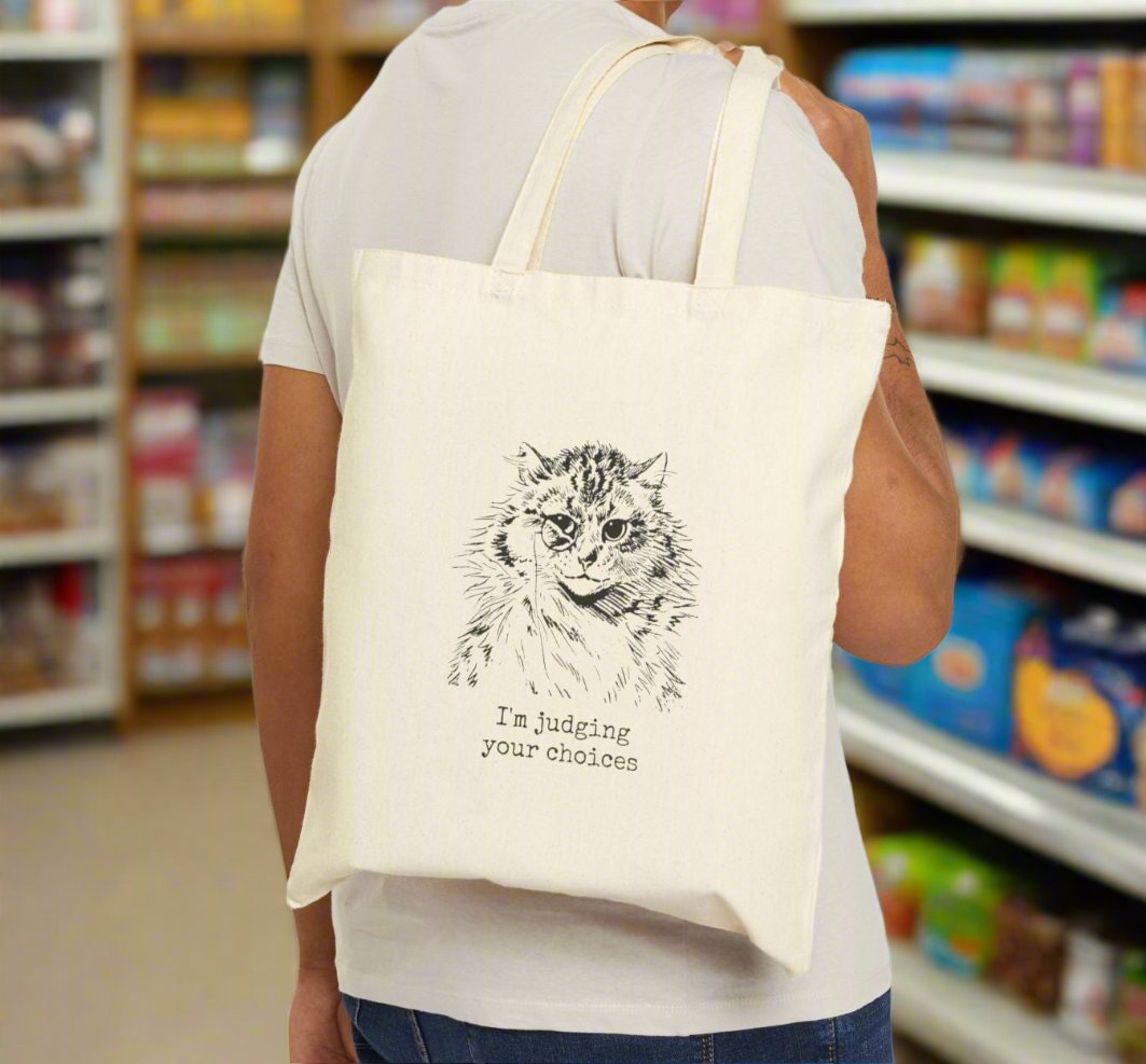 judging your choices cat feline pet owner steampunk cat food purse handbag basics tote bag rude saying word cotton canvas Victorian illustration funny humor gift present carry food groceries grocery store reusable practical purse shopping woman man strong rucksack 