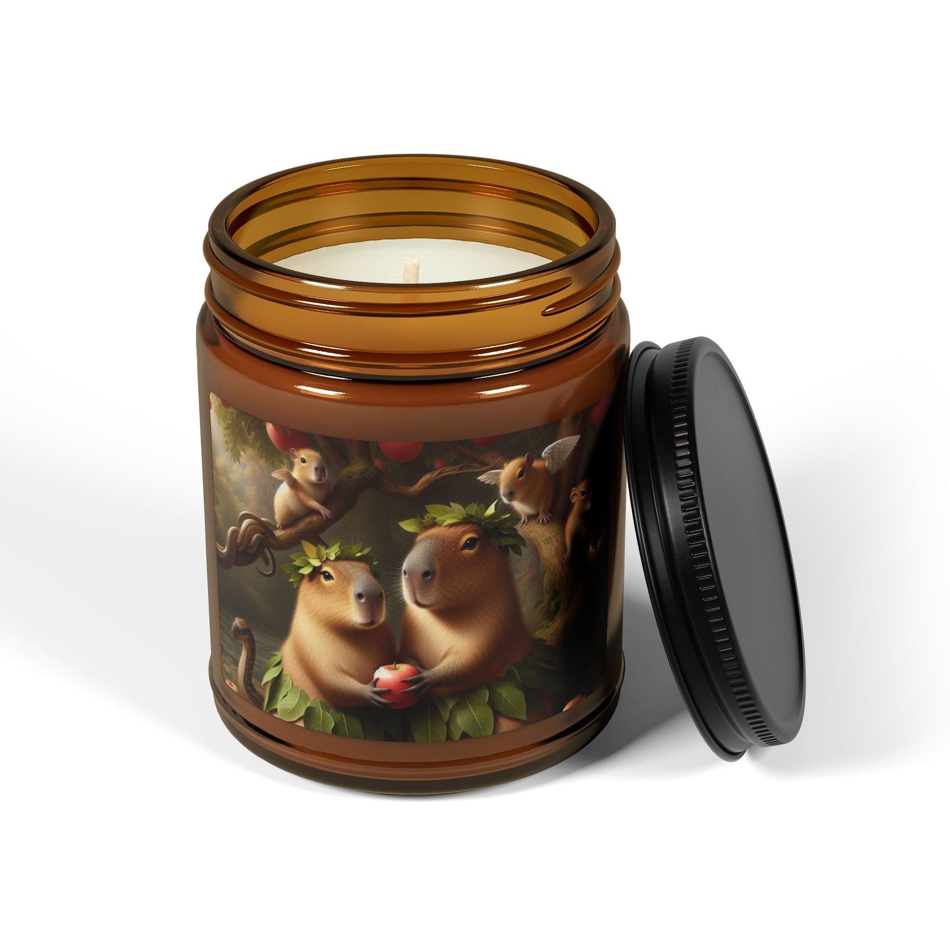 soy candle amber jar capybara adam and eve apple snake cherubs funny humor animal lover evening night light lit atmosphere bath romantic lovers man and woman home house decor fall autumn date night gift present Christmas Halloween holiday picks 