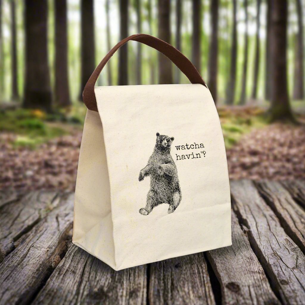 bear grizzly watcha havin'? Victorian illustration quote word play funny humor joke gift present lunch bag canvas cotton reusable eco-friendly meal eat food dinner breakfast hungry kitchen cook work school cafeteria midday co-worker carry out take-away on-the-go sandwich drink sub 