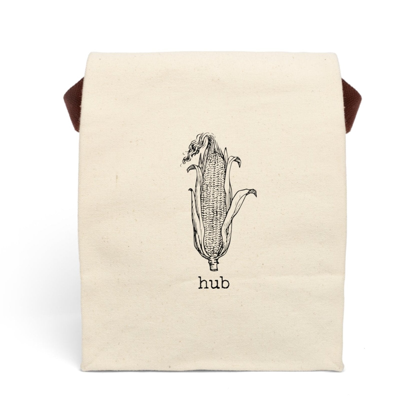 corn hub lunch bag canvas strap reusable eco friendly illustration meal eat funny humor quirky gift present drink food hungry breakfast brunch dinner supper on-the-go work office school cafeteria joke word play quote 