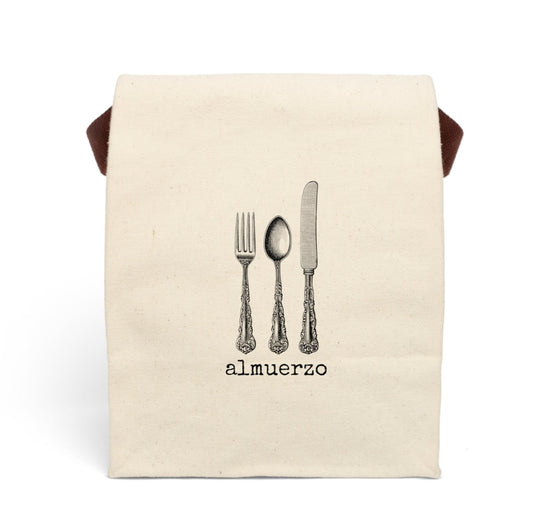 almuerzo Spanish Spain Hispanic Latino knife fork spoon cutlery  Victorian illustration quote word play funny humor joke gift present lunch bag canvas cotton reusable eco-friendly meal eat food dinner breakfast hungry kitchen cook work school cafeteria midday co-worker carry out take-away on-the-go sandwich drink sub 