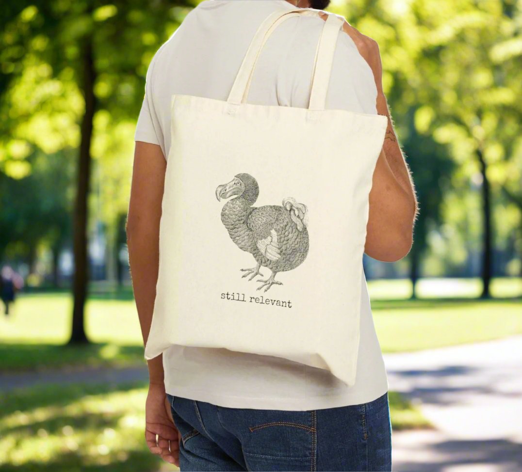 dodo extinct bird still relevant  basics tote bag cotton canvas Victorian illustration funny humor gift present carry food groceries grocery store reusable practical purse shopping woman man strong rucksack 