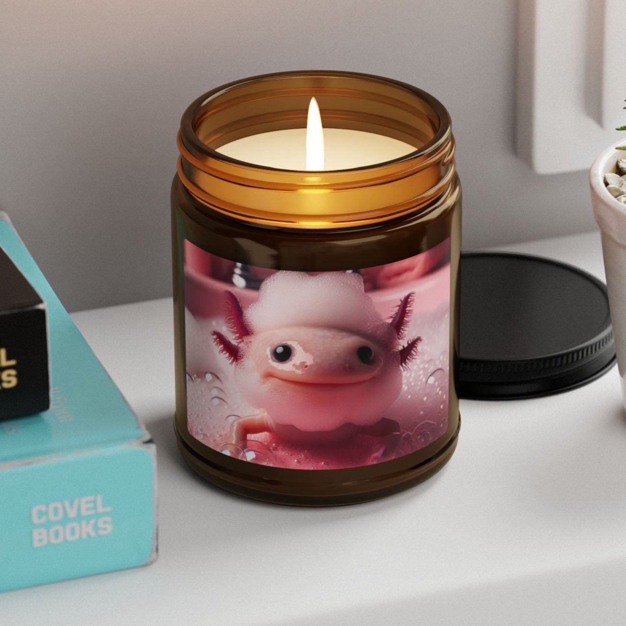 axolotl pink bathroom bath bubble beard water bathe amphibian animal soy candle amber jar funny cute sweet humor animal lover evening night light lit atmosphere bath romantic lovers man and woman home house decor fall autumn date night gift present Christmas Halloween holiday picks festive season fragrance scented unscented 