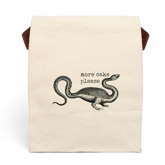 cake lunch bag canvas cotton illustration carry tote cream beige Victorian illustration humor funny gift present quote word play quirky  monster snake eat food midday on-the-go office work school hungry man woman 