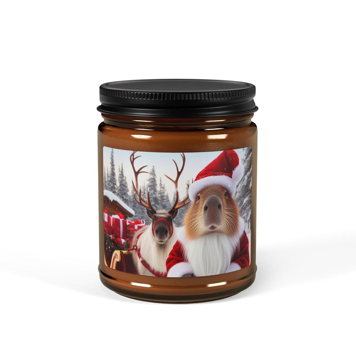 capybara Santa Father Christmas reindeer sleigh happy holidays snow red fur beard  Lapland animal soy candle amber jar funny cute sweet humor animal lover evening night light lit atmosphere bath romantic lovers man and woman home house decor fall autumn date night gift present Christmas Halloween holiday picks festive season fragrance scented unscented couple holiday evening