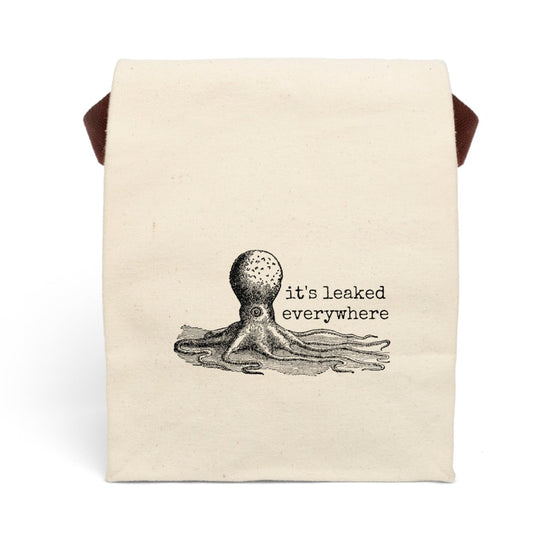 steampunk octopus leaked leak messy water fluid  Victorian illustration quote word play funny humor joke gift present lunch bag canvas cotton reusable eco-friendly meal eat food dinner breakfast hungry kitchen cook work school cafeteria midday co-worker carry out take-away on-the-go sandwich drink sub 