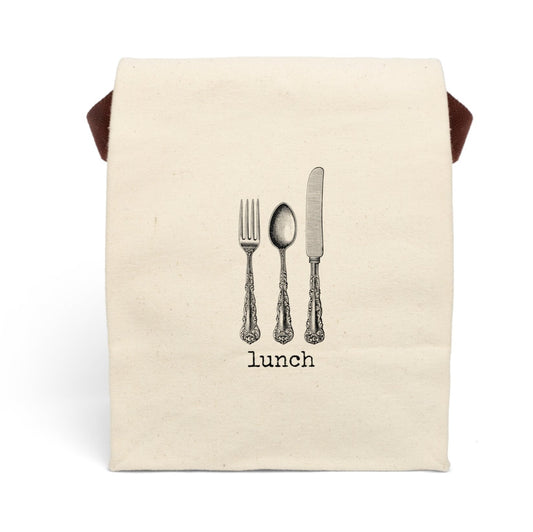 steampunk knife fork spoon lunch cutlery Victorian illustration quote word play funny humor joke gift present lunch bag canvas cotton reusable eco-friendly meal eat food dinner breakfast hungry kitchen cook work school cafeteria midday co-worker carry out take-away on-the-go sandwich drink sub 