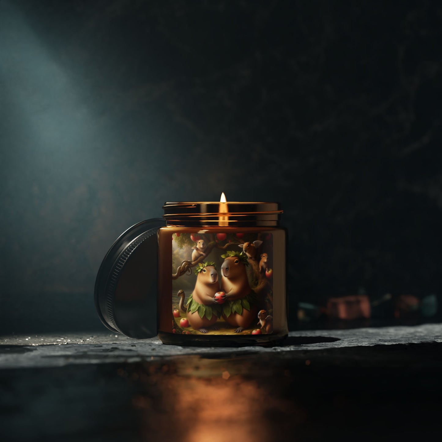 soy candle amber jar capybara adam and eve apple snake cherubs funny humor animal lover evening night light lit atmosphere bath romantic lovers man and woman home house decor fall autumn date night gift present Christmas Halloween holiday picks 