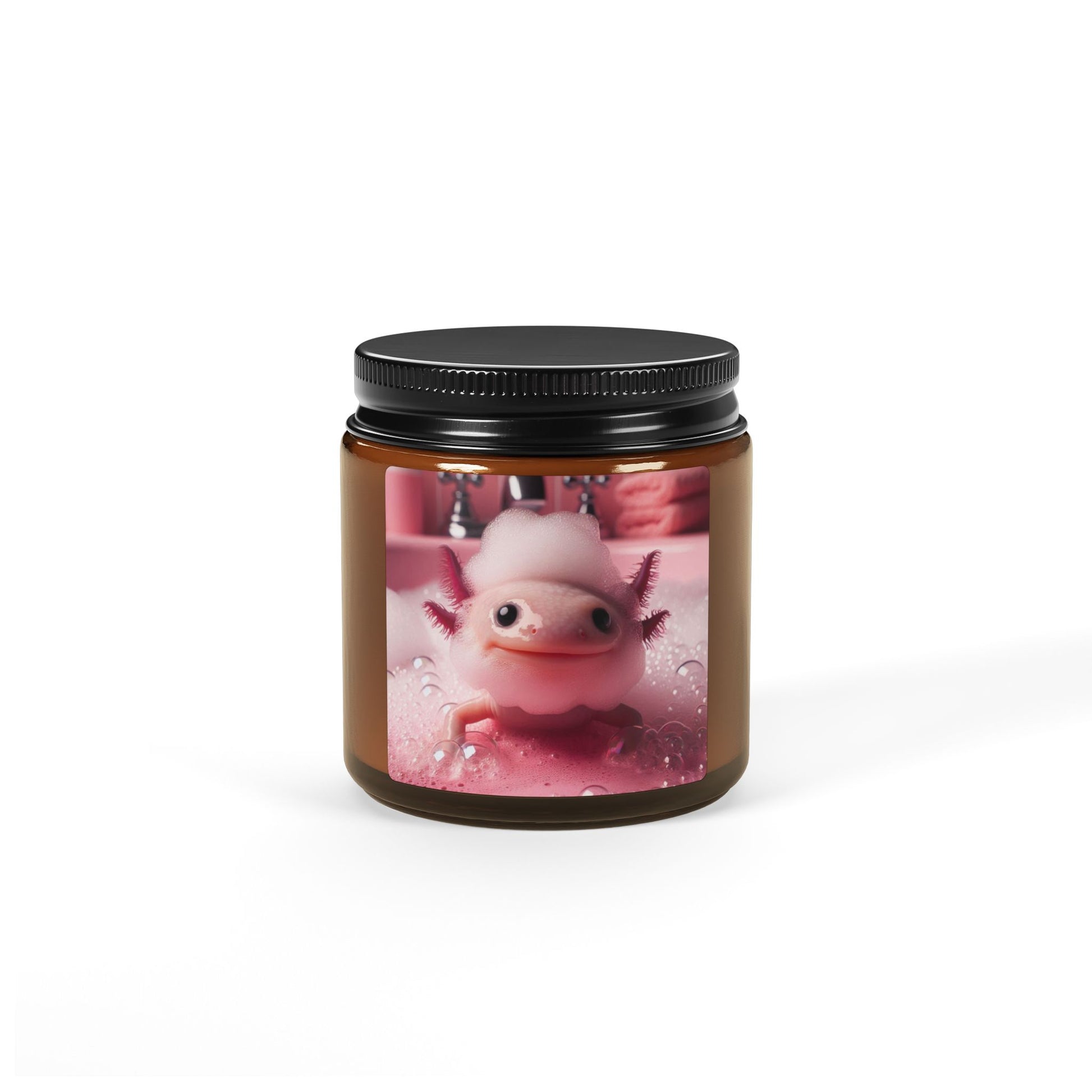 axolotl pink bathroom bath bubble beard water bathe amphibian animal soy candle amber jar funny cute sweet humor animal lover evening night light lit atmosphere bath romantic lovers man and woman home house decor fall autumn date night gift present Christmas Halloween holiday picks festive season fragrance scented unscented 