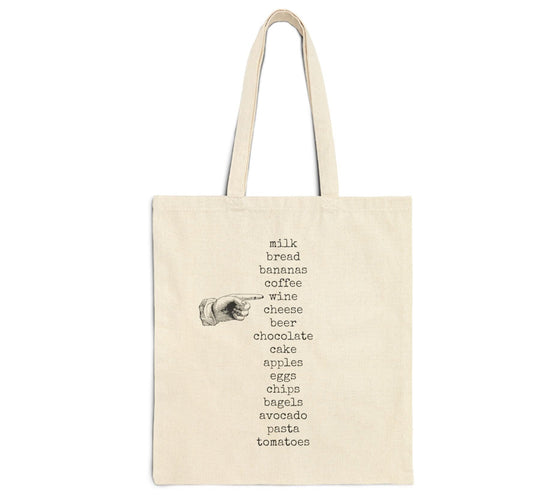 milk bread bananas coffee wine cheese beer chocolate cake apples eggs chips bagels avocado pasta tomatoes chopping list wish list hand point basics tote bag  saying word cotton canvas Victorian illustration funny humor gift present carry food groceries grocery store reusable practical purse shopping woman man strong rucksack large 