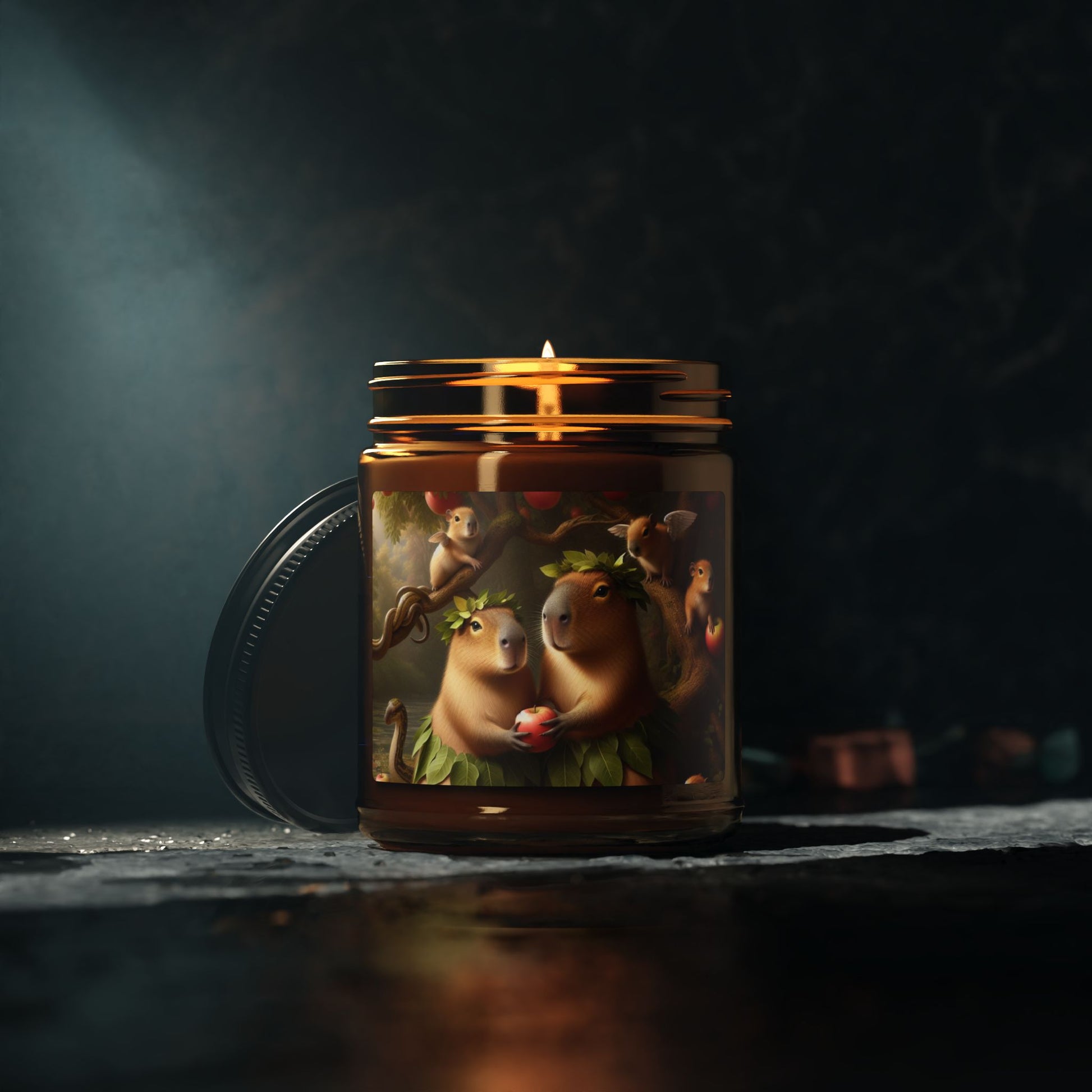 soy candle amber jar capybara adam and eve apple snake cherubs funny humor animal lover evening night light lit atmosphere bath romantic lovers man and woman home house decor fall autumn date night gift present Christmas Halloween holiday picks 