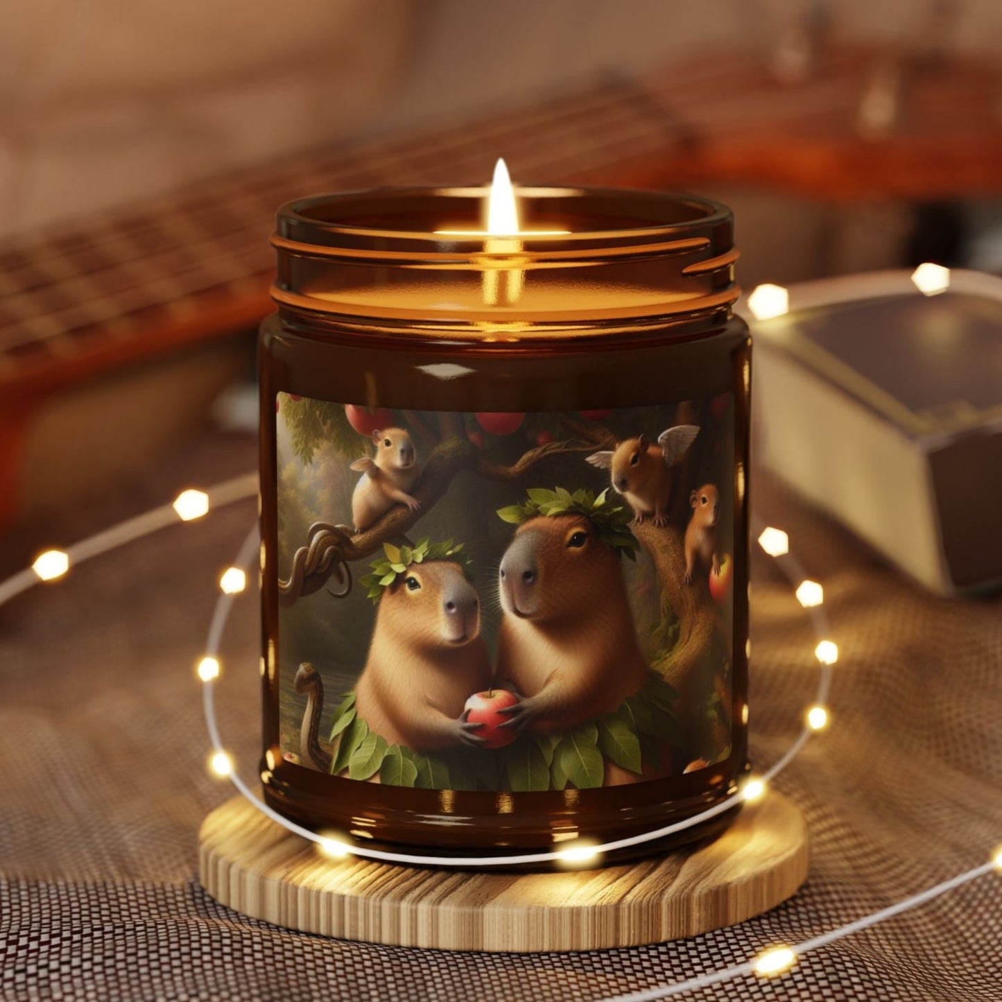 soy candle amber jar capybara adam and eve apple snake cherubs funny humor animal lover evening night light lit atmosphere bath romantic lovers man and woman home house decor fall autumn date night gift present Christmas Halloween holiday picks 