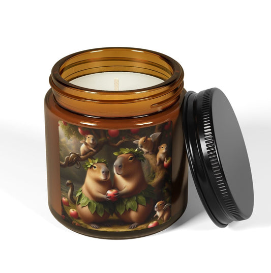 soy candle amber jar capybara adam and eve apple snake cherubs funny humor animal lover evening night light lit atmosphere bath romantic lovers man and woman home house decor fall autumn date night gift present Christmas Halloween holiday picks 