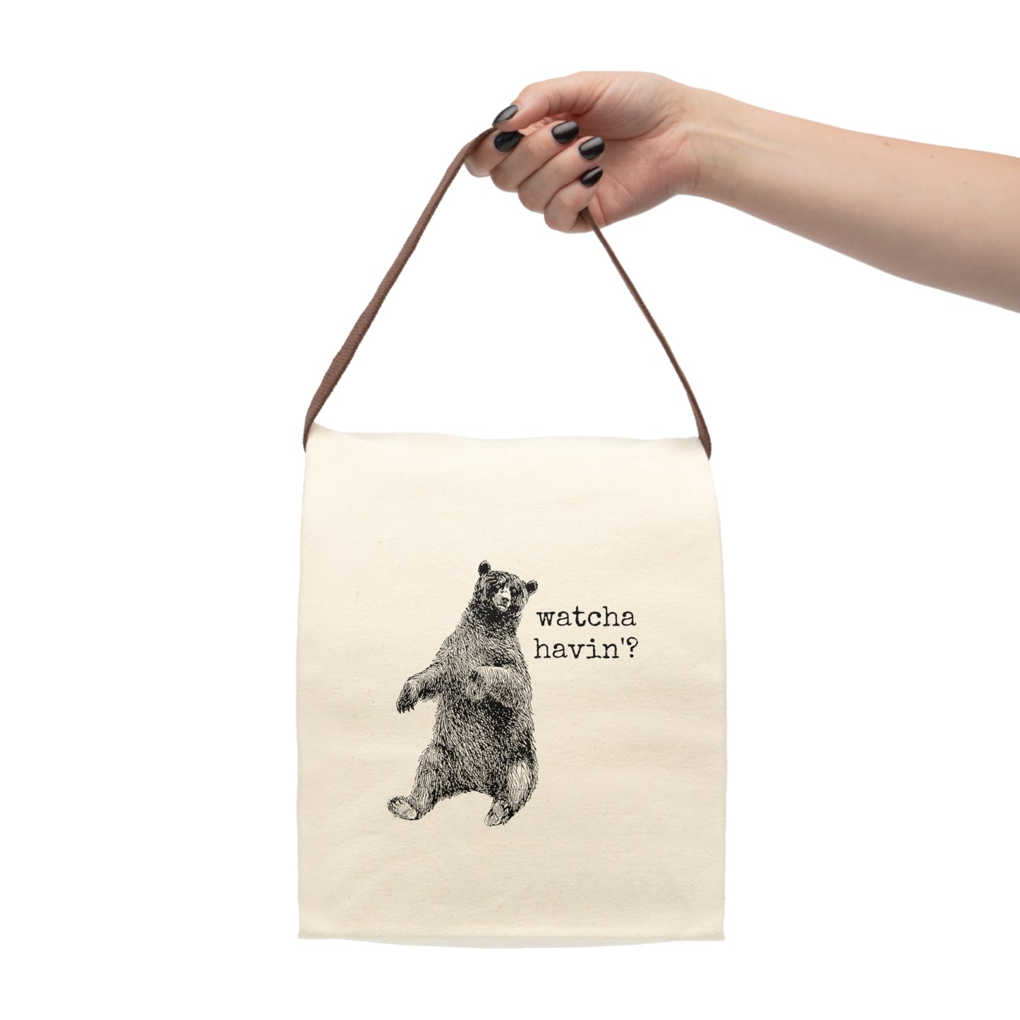 bear grizzly watcha havin'? Victorian illustration quote word play funny humor joke gift present lunch bag canvas cotton reusable eco-friendly meal eat food dinner breakfast hungry kitchen cook work school cafeteria midday co-worker carry out take-away on-the-go sandwich drink sub 