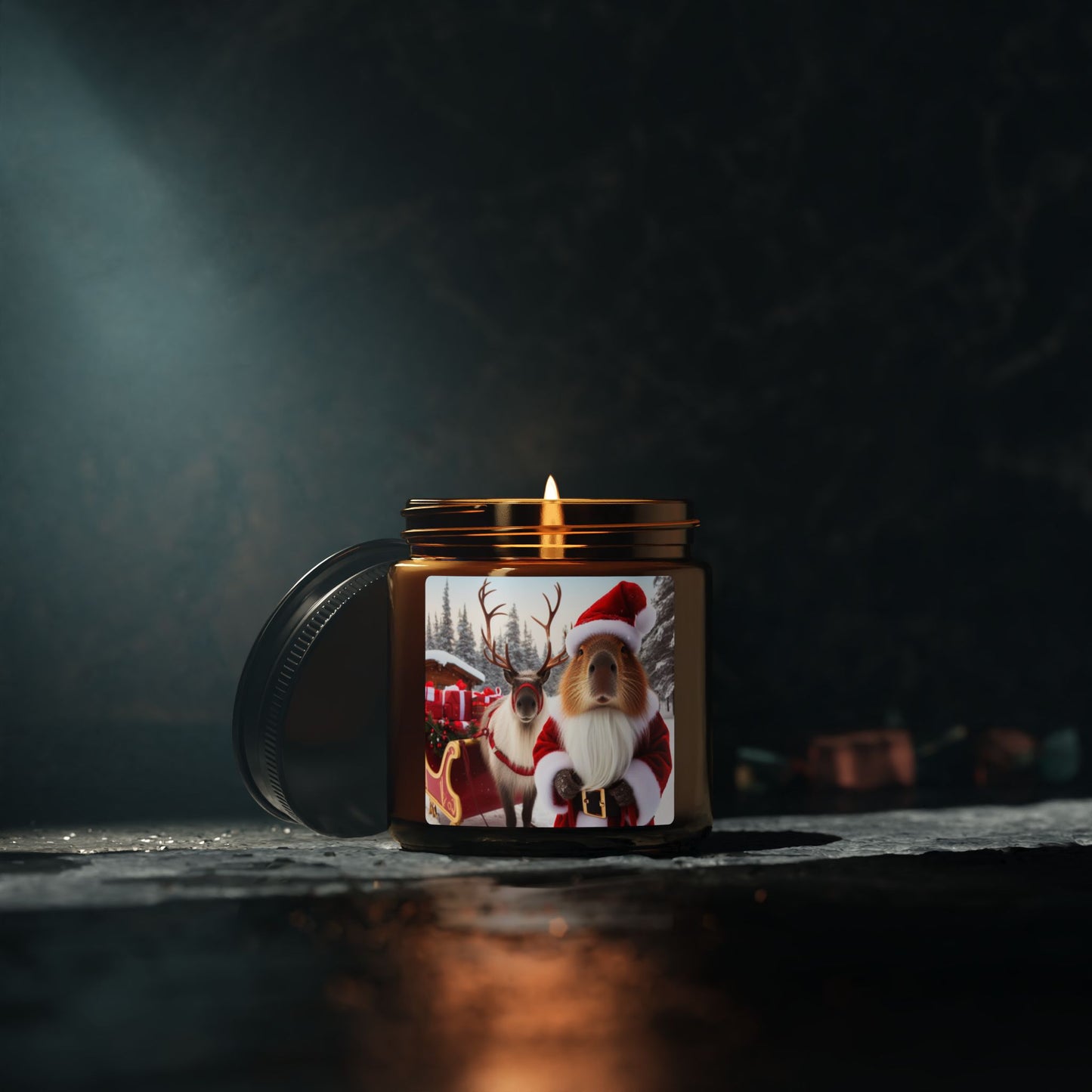 capybara Santa Father Christmas reindeer sleigh happy holidays snow red fur beard  Lapland animal soy candle amber jar funny cute sweet humor animal lover evening night light lit atmosphere bath romantic lovers man and woman home house decor fall autumn date night gift present Christmas Halloween holiday picks festive season fragrance scented unscented couple holiday evening