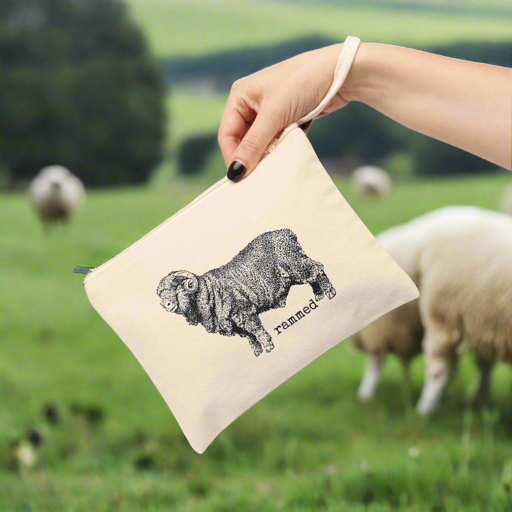 misc. miscellaneous  ram sheep animal rammed in things funny illustration Victorian canvas zip bag pouch tote mini purse suitcase rucksack carry organize store storage office work home house lady woman funny humor cotton canvas gift present man