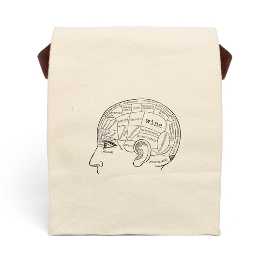 wine white red fizz bottle drinking woman lady brain steampunk phrenology head Victorian illustration quote word play funny humor joke gift present lunch bag canvas cotton reusable eco-friendly meal eat food dinner breakfast hungry kitchen cook work school cafeteria midday co-worker carry out take-away on-the-go sandwich drink sub 