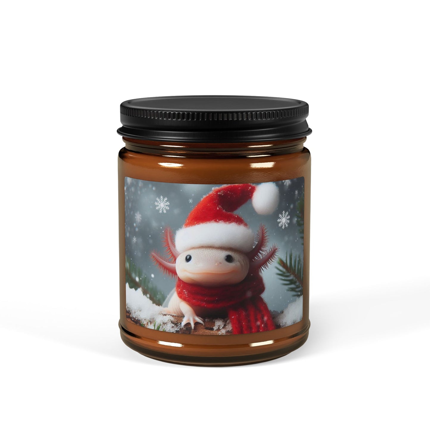 axolotl amphibian Santa hat snow snowflake red scarf animal soy candle amber jar funny cute sweet humor animal lover evening night light lit atmosphere bath romantic lovers man and woman home house decor fall autumn date night gift present Christmas Halloween holiday picks festive season fragrance scented unscented couple holiday evening