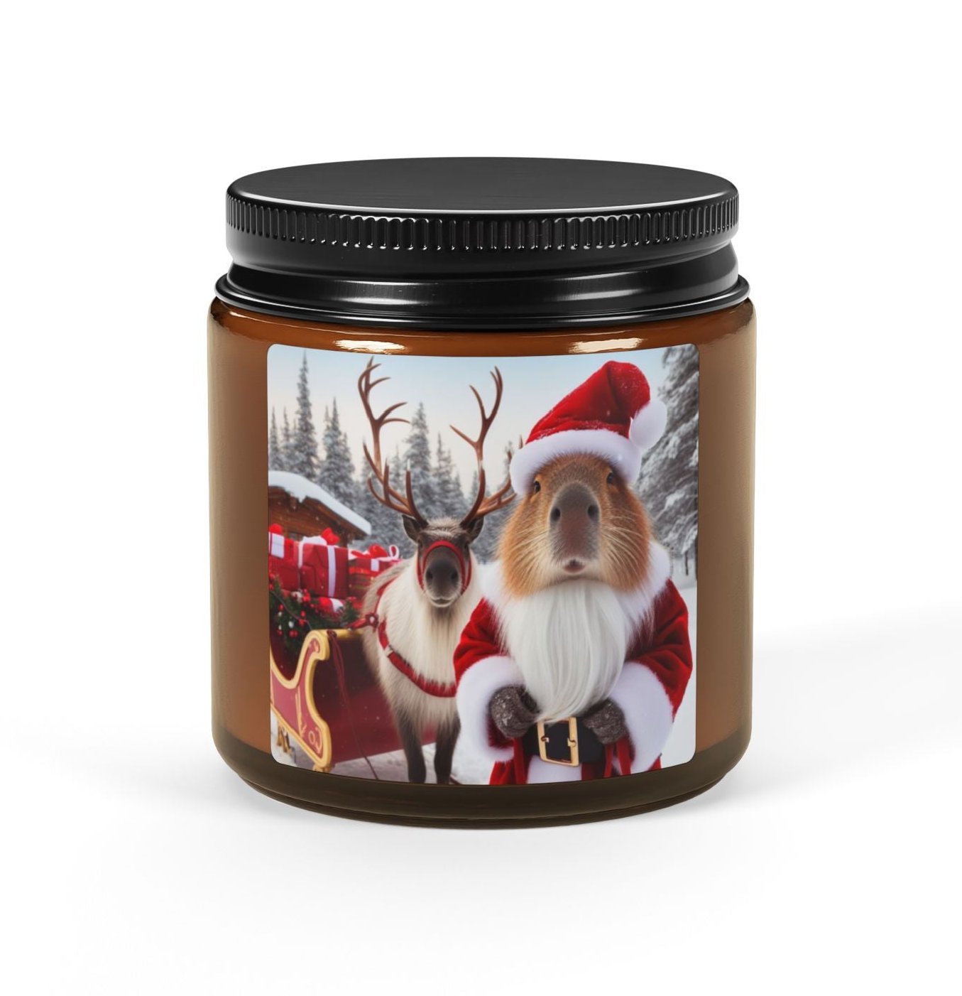 capybara Santa Father Christmas reindeer sleigh happy holidays snow red fur beard  Lapland animal soy candle amber jar funny cute sweet humor animal lover evening night light lit atmosphere bath romantic lovers man and woman home house decor fall autumn date night gift present Christmas Halloween holiday picks festive season fragrance scented unscented couple holiday evening