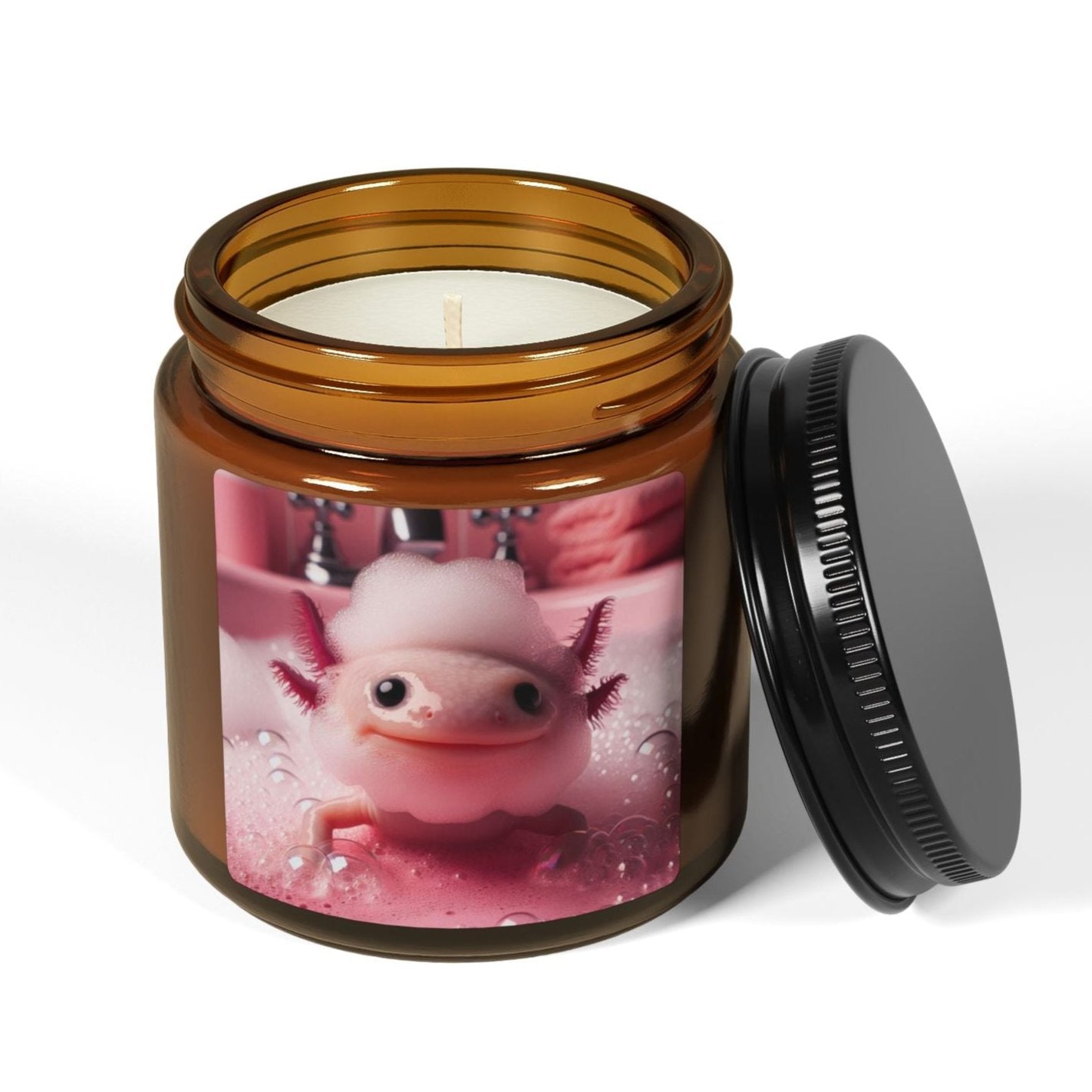 axolotl pink bathroom bath bubble beard water bathe amphibian animal soy candle amber jar funny cute sweet humor animal lover evening night light lit atmosphere bath romantic lovers man and woman home house decor fall autumn date night gift present Christmas Halloween holiday picks festive season fragrance scented unscented 