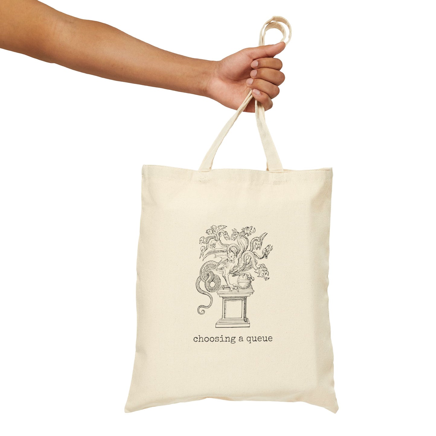 choosing a queue multi head monster basics tote bag cotton canvas Victorian illustration funny humor gift present carry food groceries grocery store reusable practical purse shopping woman man strong rucksack 