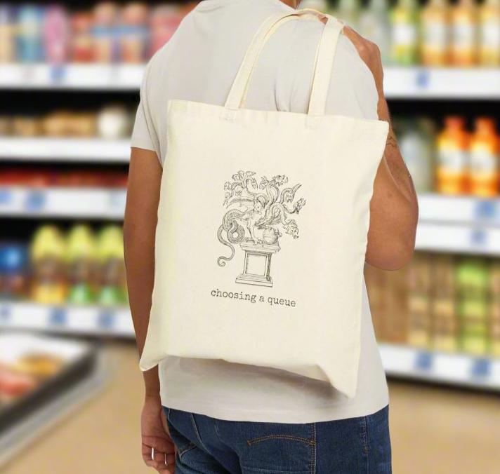 choosing a queue multi head monster basics tote bag cotton canvas Victorian illustration funny humor gift present carry food groceries grocery store reusable practical purse shopping woman man strong rucksack 