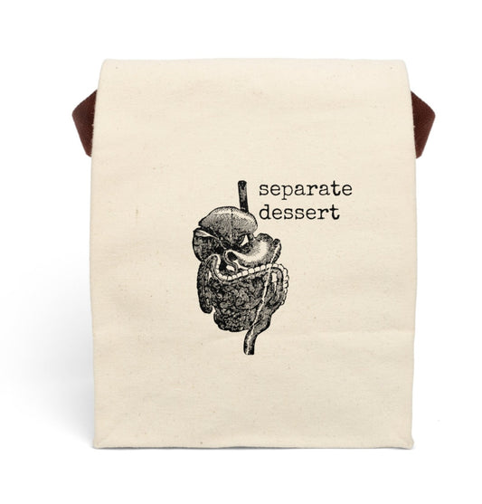 separate dessert stomach lunch bag canvas cotton illustration carry tote cream beige Victorian illustration humor funny gift present quote word play quirky  monster snake eat food midday on-the-go office work school hungry man woman 