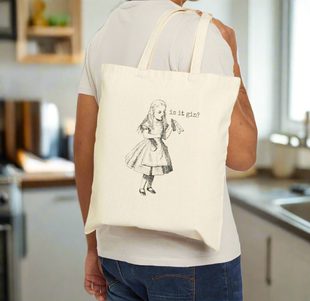 alice in wonderland is it gin bottle drinking drink alcohol liquor purse handbag basics tote bag rude saying word cotton canvas Victorian illustration funny humor gift present carry food groceries grocery store reusable practical purse shopping woman man strong rucksack 