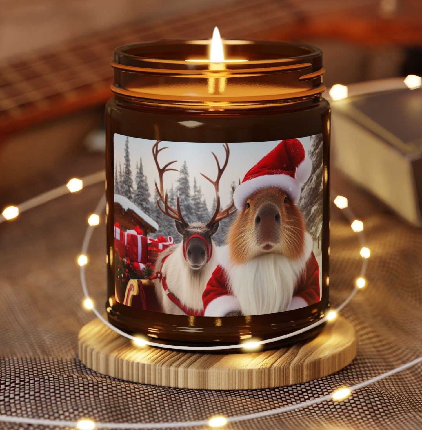 capybara Santa Father Christmas reindeer sleigh happy holidays snow red fur beard  Lapland animal soy candle amber jar funny cute sweet humor animal lover evening night light lit atmosphere bath romantic lovers man and woman home house decor fall autumn date night gift present Christmas Halloween holiday picks festive season fragrance scented unscented couple holiday evening