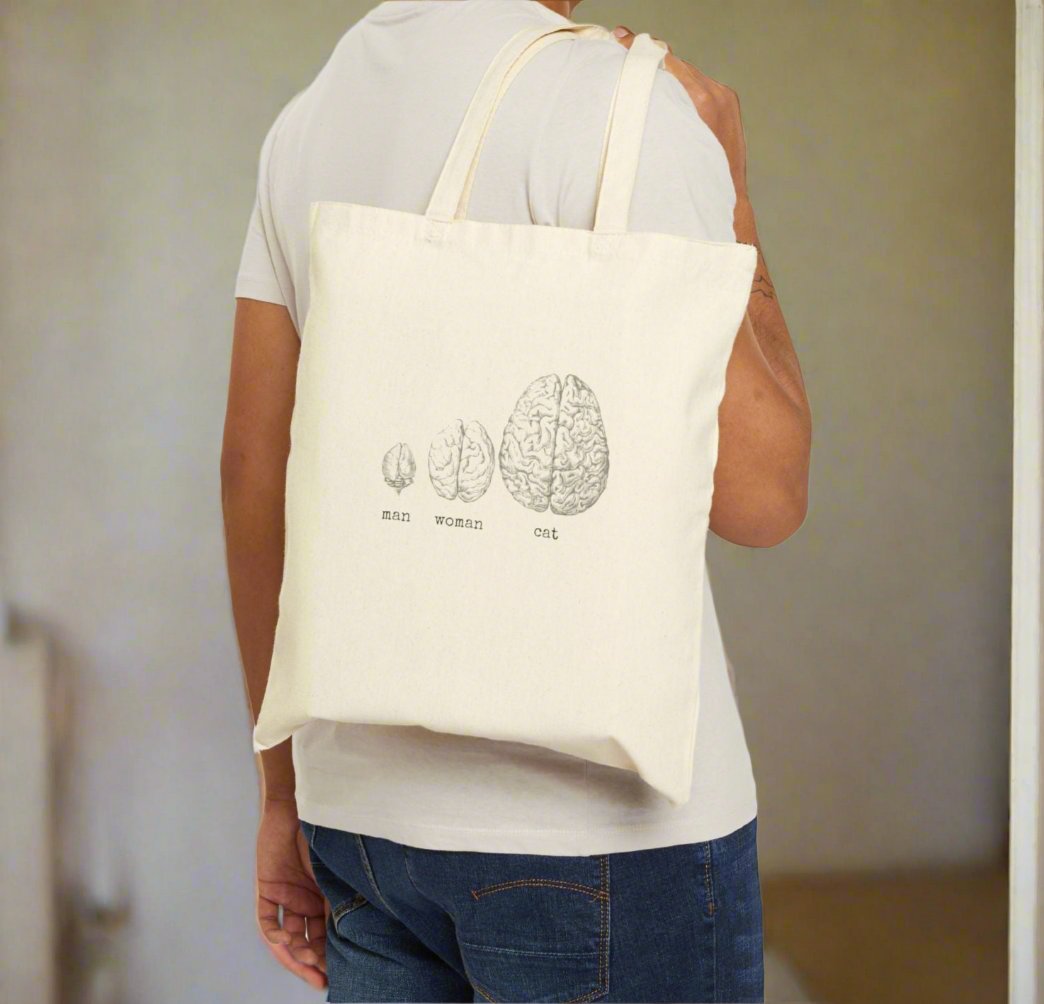 man woman cat brain pet owner fur baby basics tote bag rude saying word cotton canvas Victorian illustration funny humor gift present carry food groceries grocery store reusable practical purse shopping woman man strong rucksack 