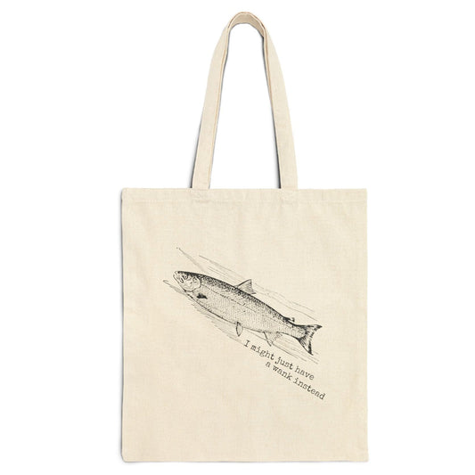 salmon fish upstream river fishing I might just have a wank instead purse handbag basics tote bag rude saying word cotton canvas Victorian illustration funny humor gift present carry food groceries grocery store reusable practical purse shopping woman man strong rucksack 