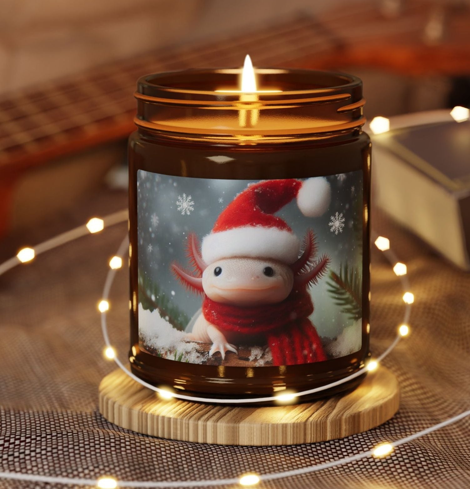 axolotl amphibian Santa hat snow snowflake red scarf animal soy candle amber jar funny cute sweet humor animal lover evening night light lit atmosphere bath romantic lovers man and woman home house decor fall autumn date night gift present Christmas Halloween holiday picks festive season fragrance scented unscented couple holiday evening