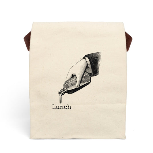 hand drink bottle liquid lunch Victorian illustration quote word play funny humor joke gift present lunch bag canvas cotton reusable eco-friendly meal eat food dinner breakfast hungry kitchen cook work school cafeteria midday co-worker carry out take-away on-the-go 