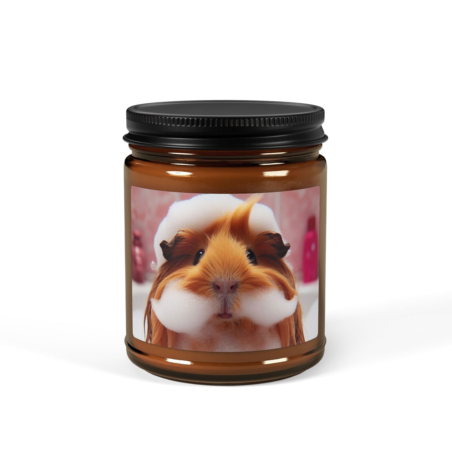 guinea pig foam beard mustache bath bubble pink ginger animal soy candle amber jar funny cute sweet humor animal lover evening night light lit atmosphere bath romantic lovers man and woman home house decor fall autumn date night gift present Christmas Halloween holiday picks festive season fragrance scented unscented couple holiday evening