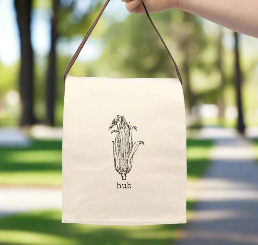 corn hub lunch bag canvas strap reusable eco friendly illustration meal eat funny humor quirky gift present drink food hungry breakfast brunch dinner supper on-the-go work office school cafeteria joke word play quote 