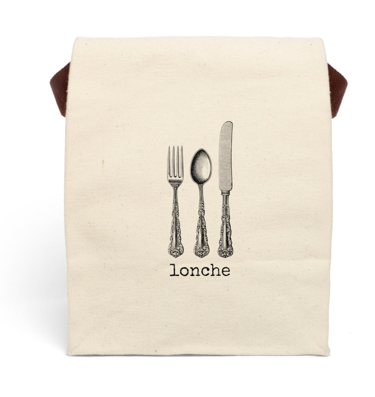 lonche Mexican Mexico Spanish Spain Hispanic Latino knife fork spoon cutlery  Victorian illustration quote word play funny humor joke gift present lunch bag canvas cotton reusable eco-friendly meal eat food dinner breakfast hungry kitchen cook work school cafeteria midday co-worker carry out take-away on-the-go sandwich drink sub 