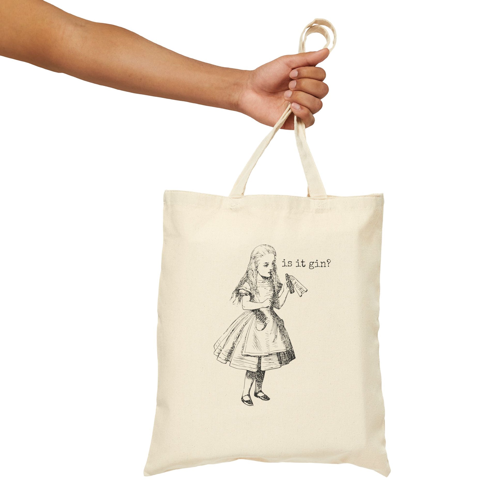 alice in wonderland is it gin bottle drinking drink alcohol liquor purse handbag basics tote bag rude saying word cotton canvas Victorian illustration funny humor gift present carry food groceries grocery store reusable practical purse shopping woman man strong rucksack 