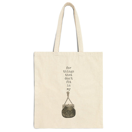 for things that don't fit in my purse handbag basics tote bag cotton canvas Victorian illustration funny humor gift present carry food groceries grocery store reusable practical purse shopping woman man strong rucksack 