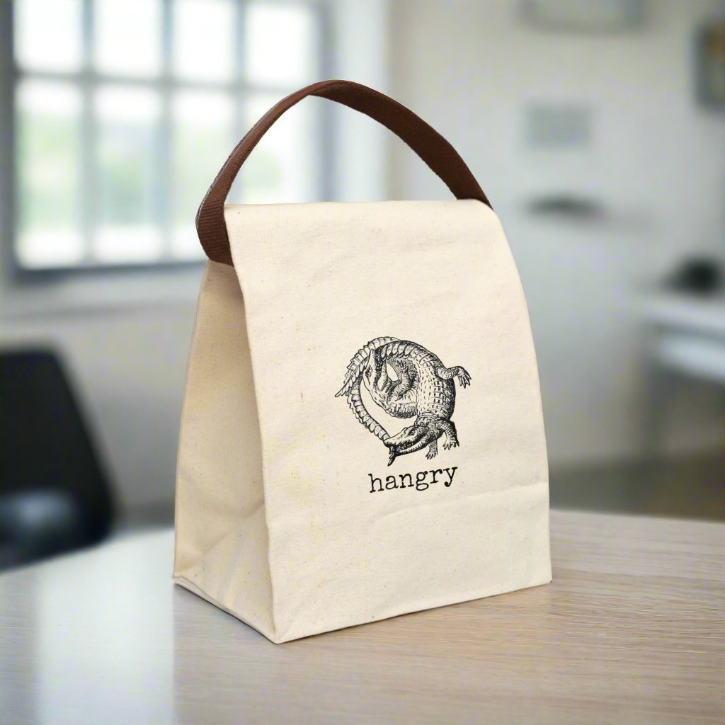 hangry angry hungry crocodile alligator gator fight  Victorian illustration quote word play funny humor joke gift present lunch bag canvas cotton reusable eco-friendly meal eat food dinner breakfast hungry kitchen cook work school cafeteria midday co-worker carry out take-away on-the-go sandwich drink sub 