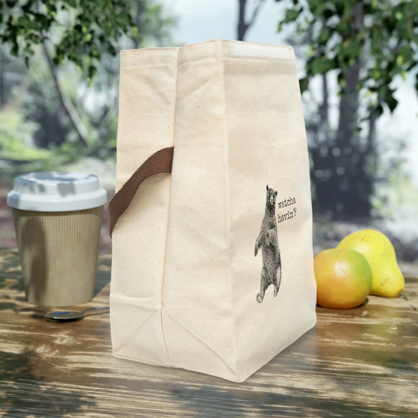 bear grizzly watcha havin'? Victorian illustration quote word play funny humor joke gift present lunch bag canvas cotton reusable eco-friendly meal eat food dinner breakfast hungry kitchen cook work school cafeteria midday co-worker carry out take-away on-the-go sandwich drink sub 