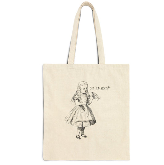 alice in wonderland is it gin bottle drinking drink alcohol liquor purse handbag basics tote bag rude saying word cotton canvas Victorian illustration funny humor gift present carry food groceries grocery store reusable practical purse shopping woman man strong rucksack 