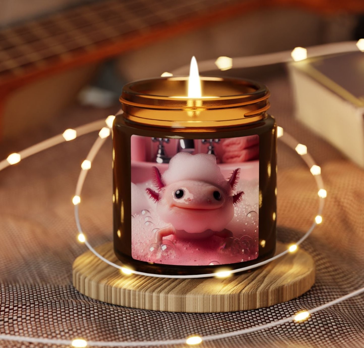 axolotl pink bathroom bath bubble beard water bathe amphibian animal soy candle amber jar funny cute sweet humor animal lover evening night light lit atmosphere bath romantic lovers man and woman home house decor fall autumn date night gift present Christmas Halloween holiday picks festive season fragrance scented unscented 