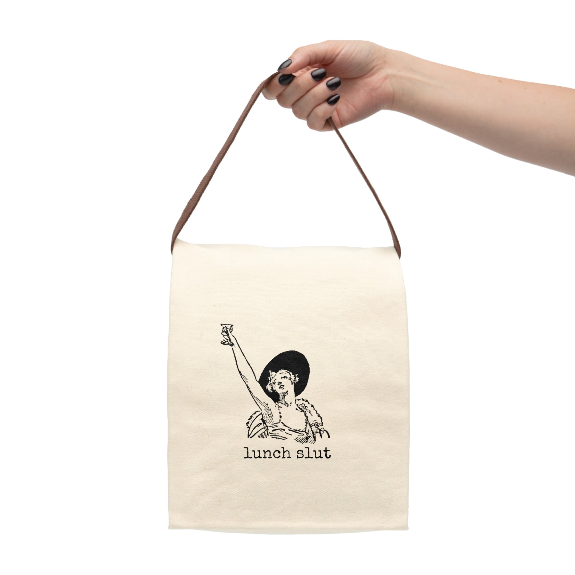 lunch slut woman lady drink drinking Victorian illustration quote word play funny humor joke gift present lunch bag canvas cotton reusable eco-friendly meal eat food dinner breakfast hungry kitchen cook work school cafeteria midday co-worker carry out take-away on-the-go sandwich drink sub 